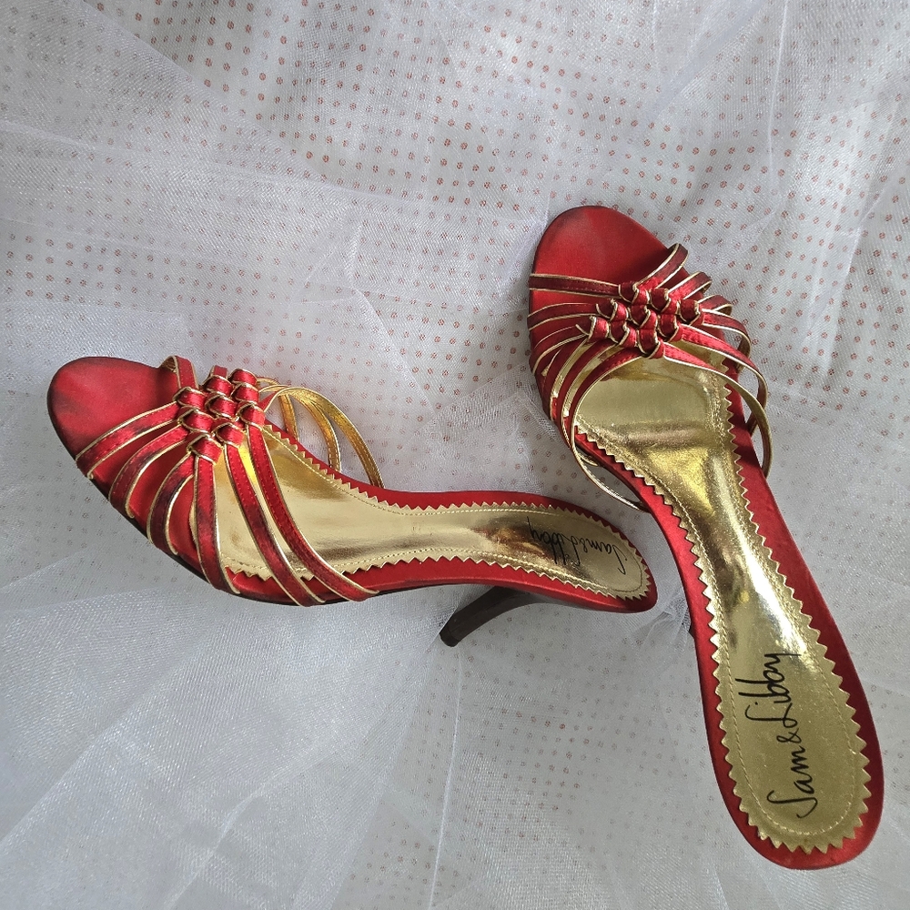 S O L D Sam & Libby Red/Gold Strappy Backless Heels w/Decorative Knots Size 9M - Picture 9 of 11